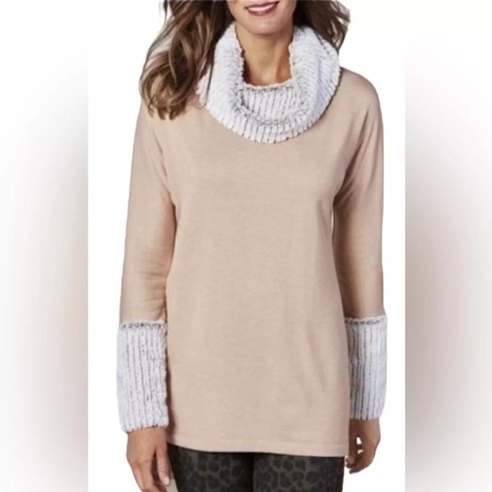 Soft Surroundings Apres Tunic Ribbed Cowl Neck Faux Fur Trim Long Sleeve M